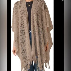 Nine West NWT Cream Knit Fringe Wrap scarf with arm holes OS